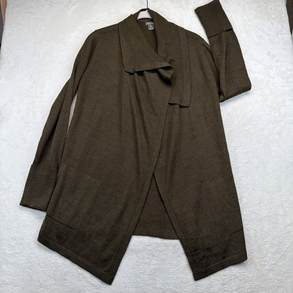 Eddie Bauer Women Merino Wool Blend Long Cardigan Sweater Tie Neck Green XS